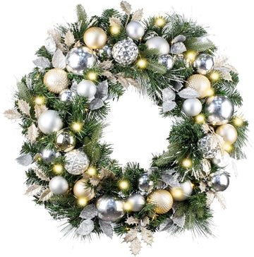 30 Inch Pre-Lit Soft Gold Silver Christmas Wreaths for Front Door