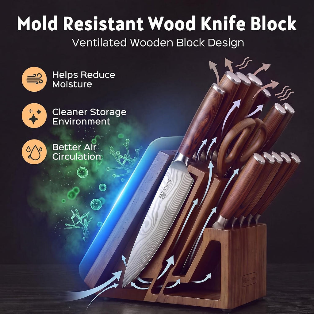 16-Piece Kitchen Knife Set with Block, Built-in Sharpener, Ultra Sharp 5Cr15Mov Stainless Steel Chef Knives, Natural