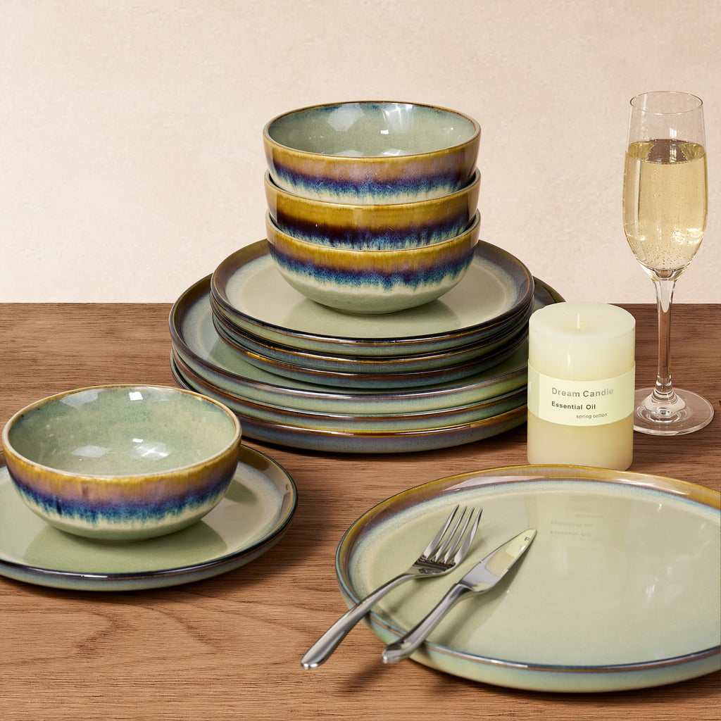 12 pcs Olive Green Reactive Glaze Stoneware Dinnerware Sets for 4