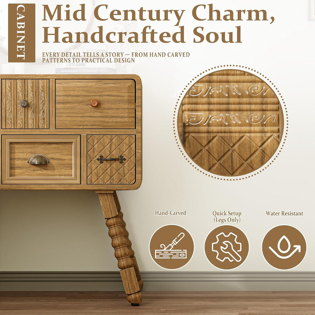 Boho Accent Cabinet with 4 Drawers and Door, Full Assembled Vintage Storage Chest, Hand-Carved Decorative Cabinet