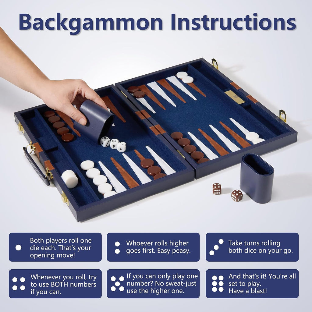 15 inch Backgammon Sets for Adults - Classic Board Game with Premium Sea Blue Leather Case - Travel Backgammon Set - Set of 32