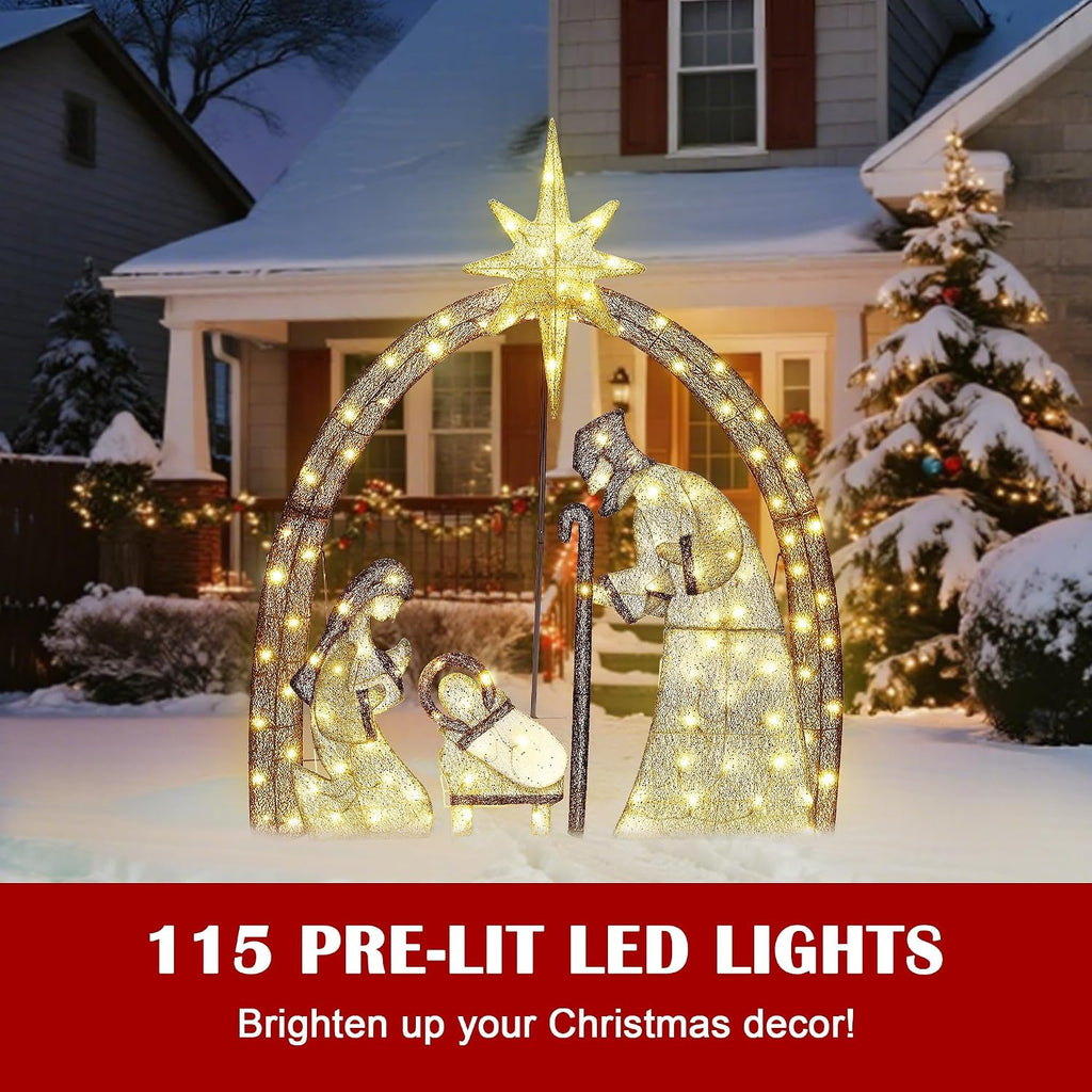 4.5FT Christmas Outdoor Decorations, Lighted Outdoor Nativity Set with 115 LED Lights, Holy Family Nativity Scene