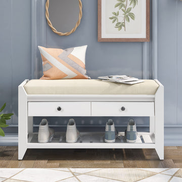Farmhouse Wood Shoe Bench with Storage and Seat Cushion Entryway Bench with Shoe Shelf and Drawers White