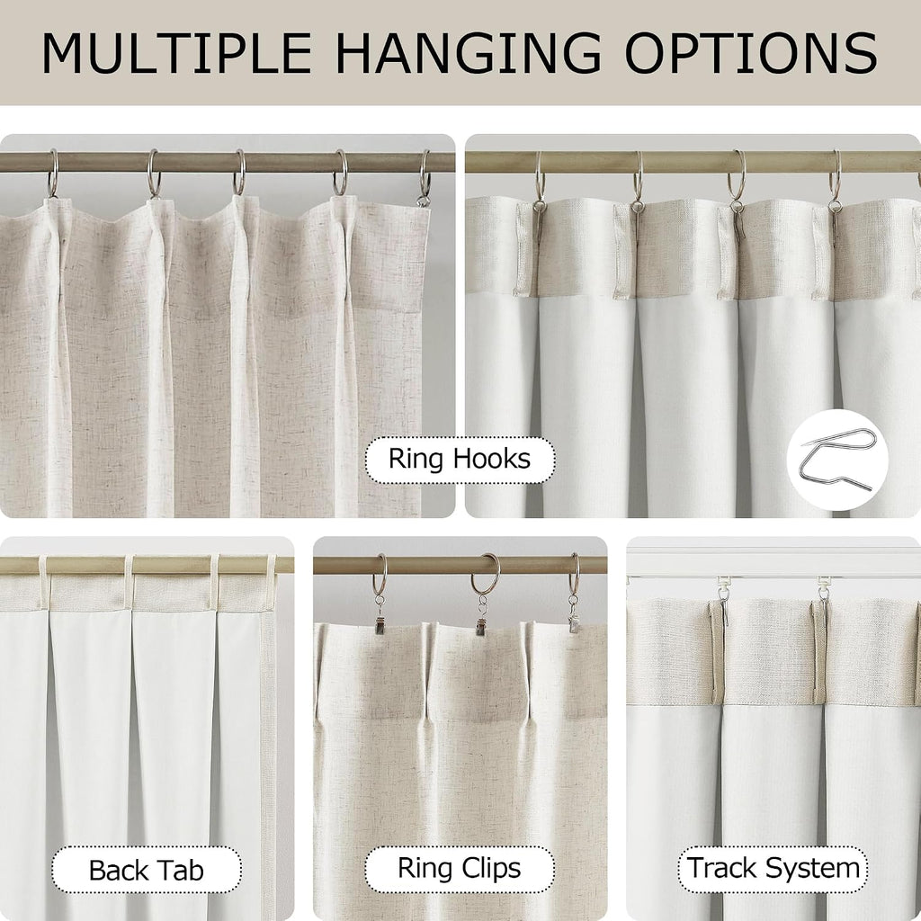 Natural Pinch Pleated Light Filtering Curtains with Microfiber Liner 90 inch Linen Blended Textured Privacy Drapes