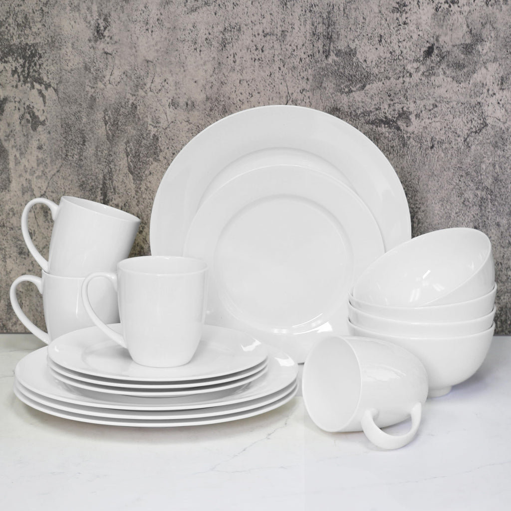 Bone China 16 Piece Dinnerware Set, Service for 4, White, Microwave Safe, Dishwasher Safe,Chip Resistant