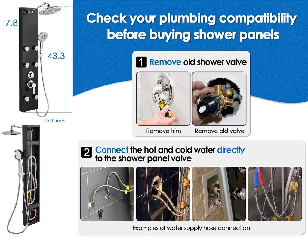Shower Panel Tower System With Height Adjustable Shower Head, Black