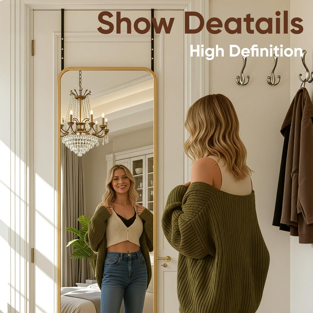 58" x 20" Full Length Over-the-Door Mirror, Hanging Mirror, Gold