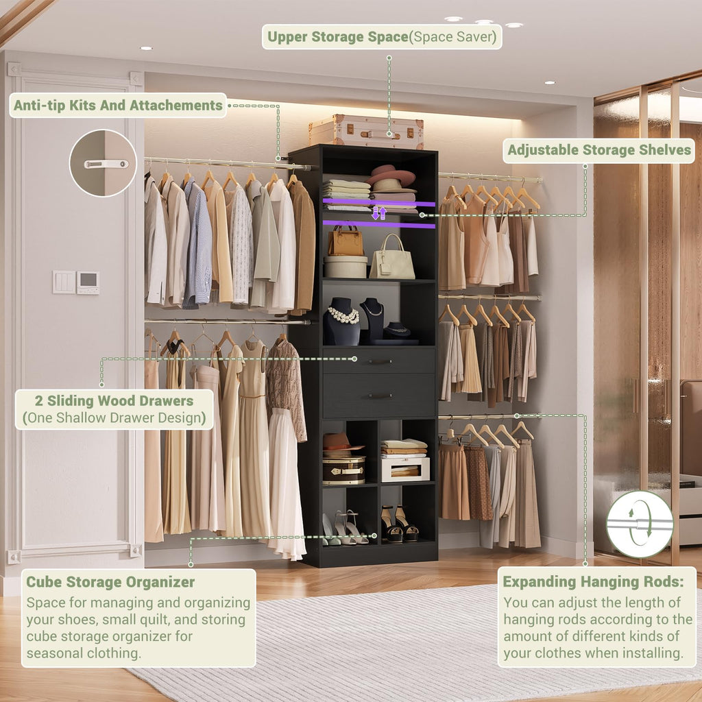 Closet System, 4-8 FT Closet Organizer Tower with 2 Wooden Drawers and Shelves, Can Fit 60 to 96 inch Walk-in Closet