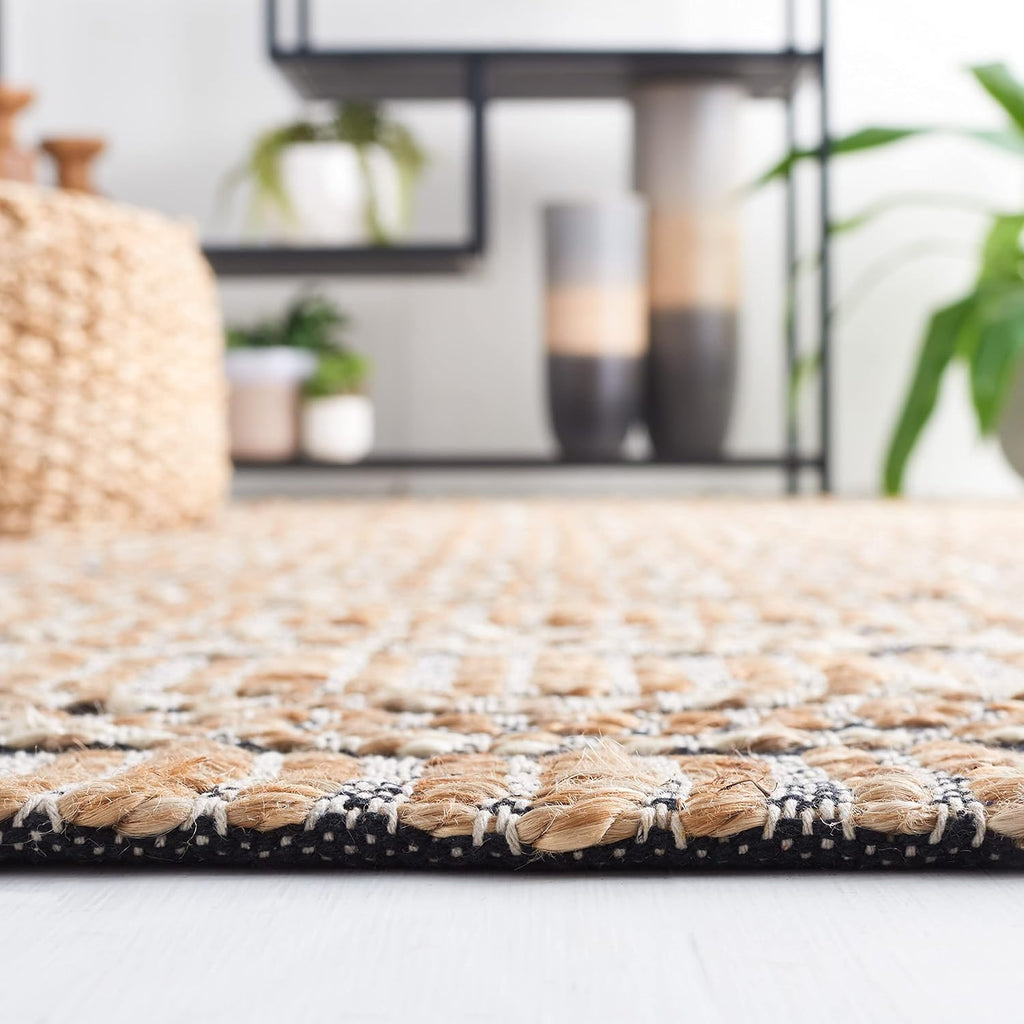 Natural Fiber Collection Area Rug - 6'6" Square, Navy & Natural, Handmade Flat Weave Stripe Jute & Cotton Jute, Ideal