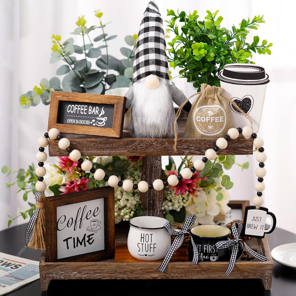 Coffee Bar Decor Set, Farmhouse Tiered Tray Decor Accessories, Rustic Coffee Station Tabletop Wooden Signs - Set of 8