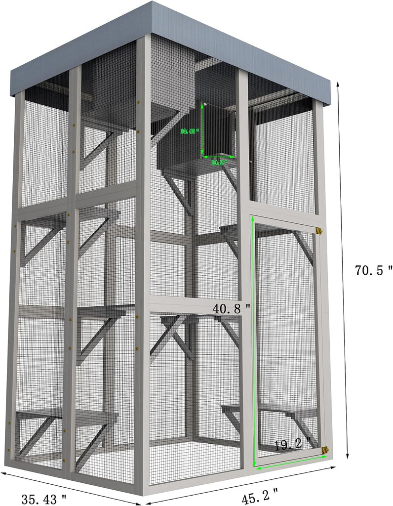 62.6" Outdoor Wooden Cat House Large Catio, Solid Wood Cat Cage Shelter Enclosure Playpen with Anti-UV& Waterproof, 5