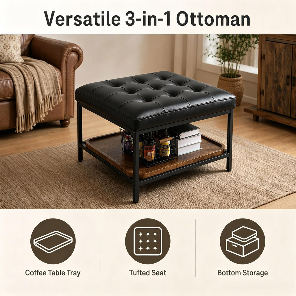 Square Ottoman Coffee Table with Storage Bench, Black Faux Leather