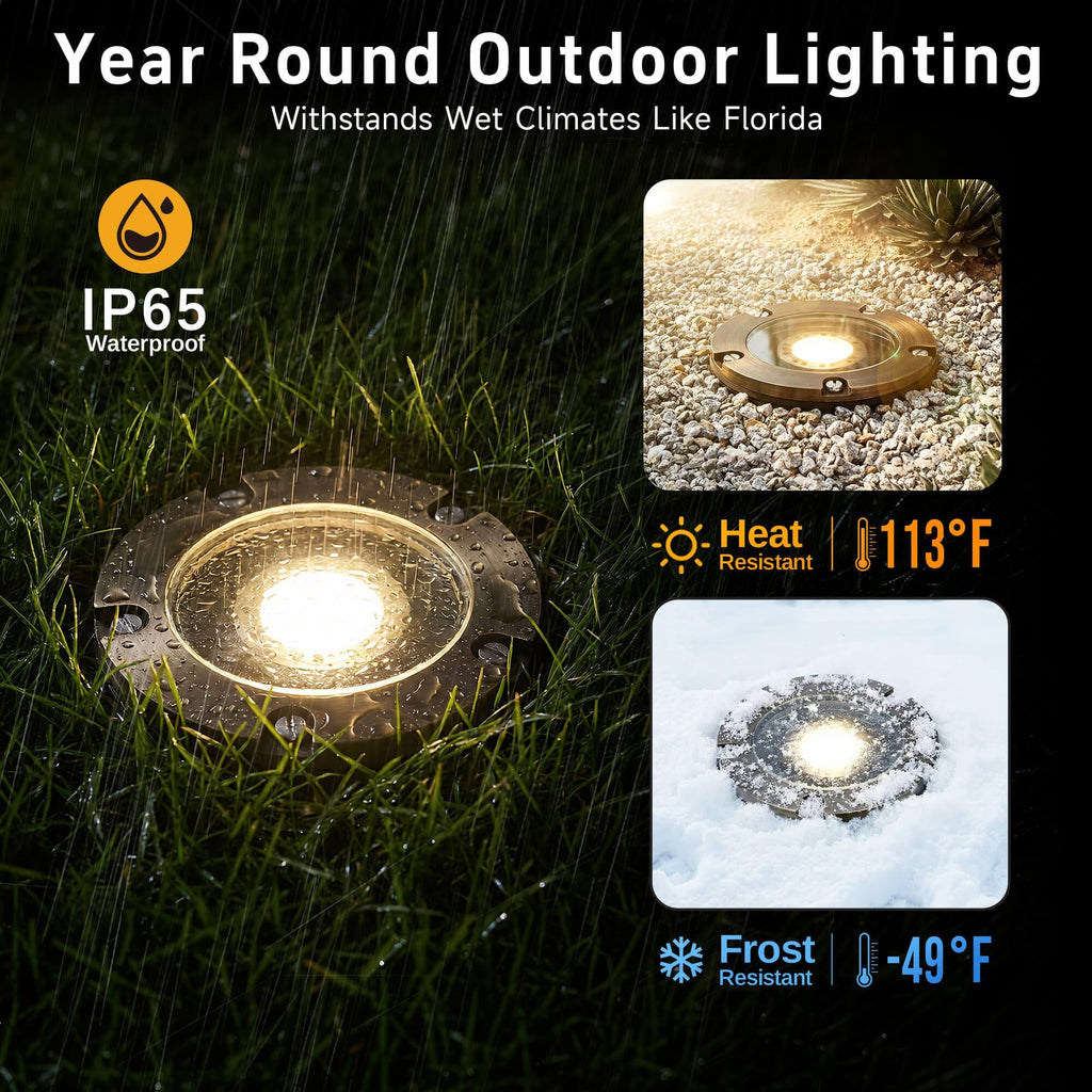 Brass Well Lights, 12V Low Voltage Wired 2700K In-Ground, 6PK