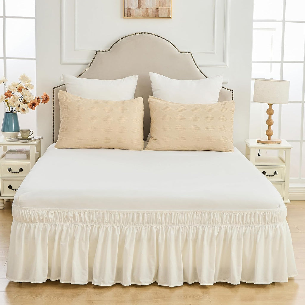 Wrap Around Bed Skirts 17" Drop, Cotton Adjustable Elastic Dust Ruffles Easy Fit Wrinkle & Fade Resistant Soft Cozy