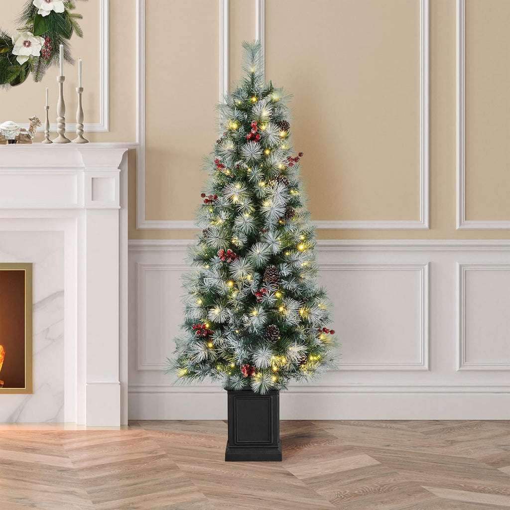 5ft Prelit Christmas Tree with 150 Warm White Lights,Potted Christmas Tree w/286 Pine Needle&PVC Branch Tips