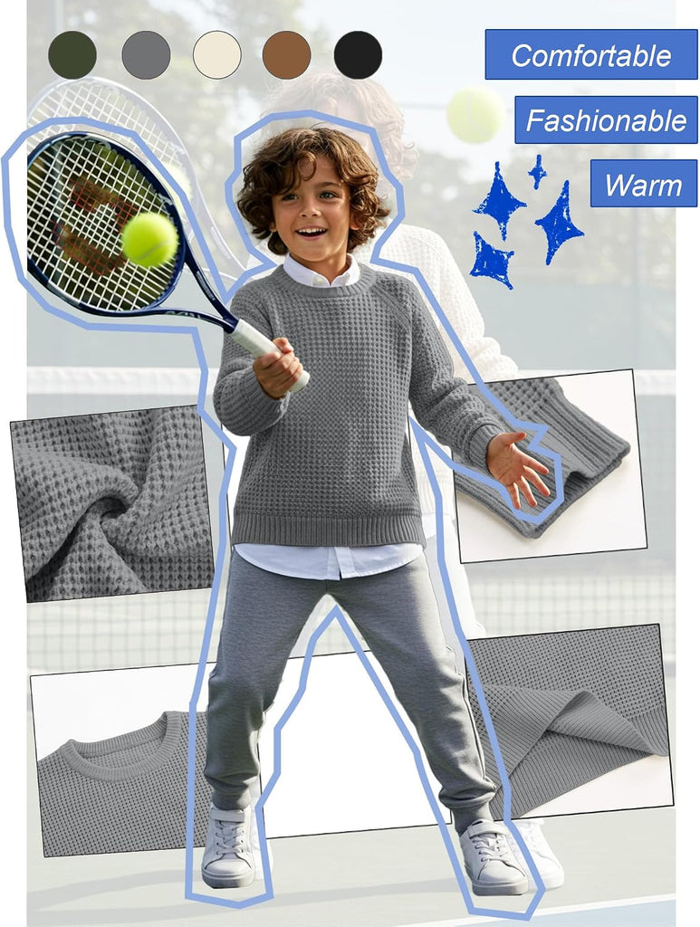 Boys' Waffle Sweaters Thick Chunky Knit Tops