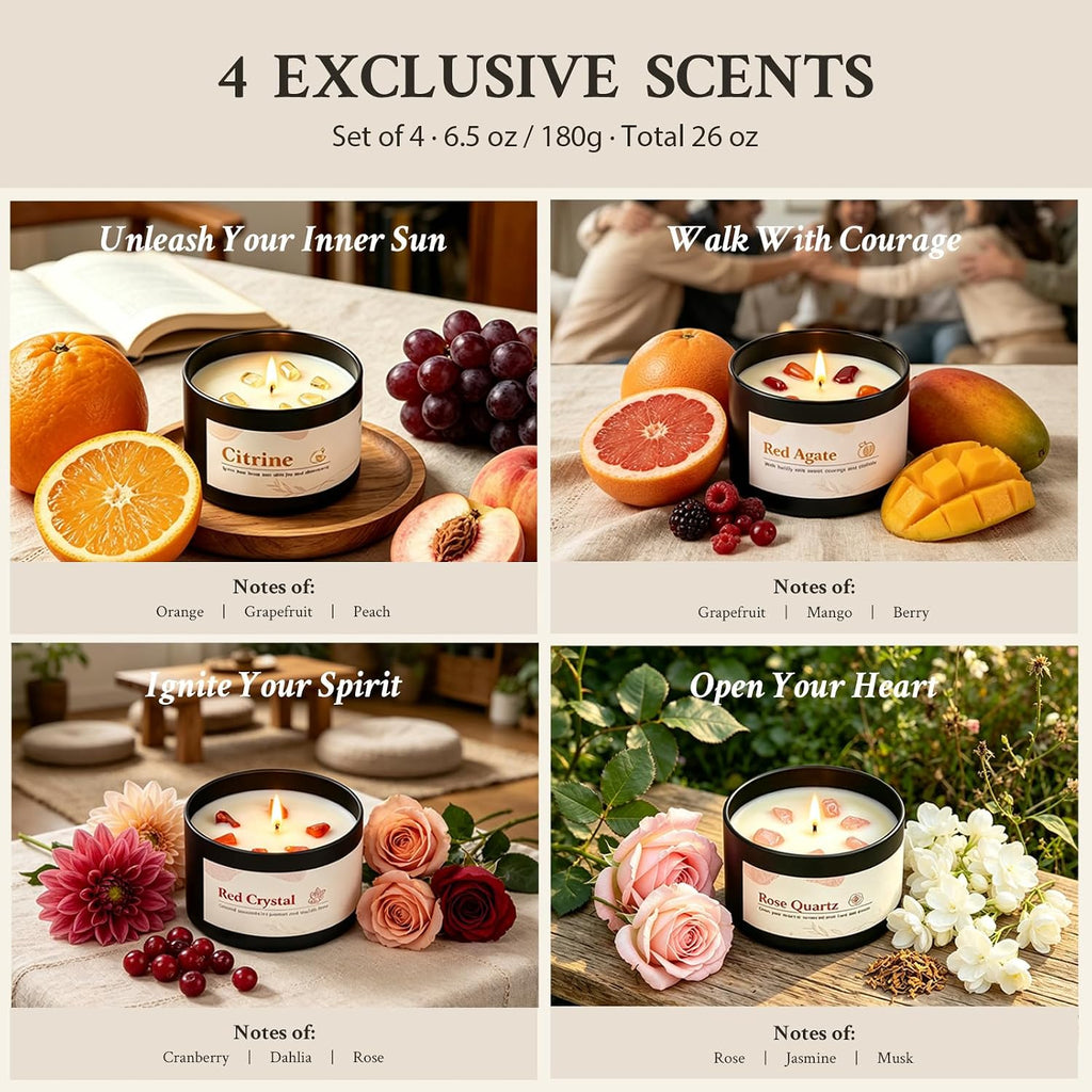 Crystal Scented Candles for Women, 4 Pack 26 oz Soy Wax Crystal Candle Set - Set of 4