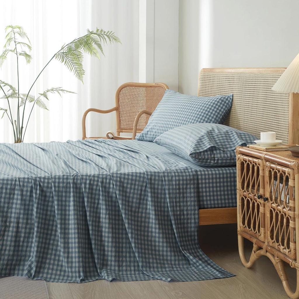 Blue Gingham Sheets Set Twin Size, Breathable Soft 100% Washed Cotton Blue Plaid Bed Sheets with 16" Deep Pocket