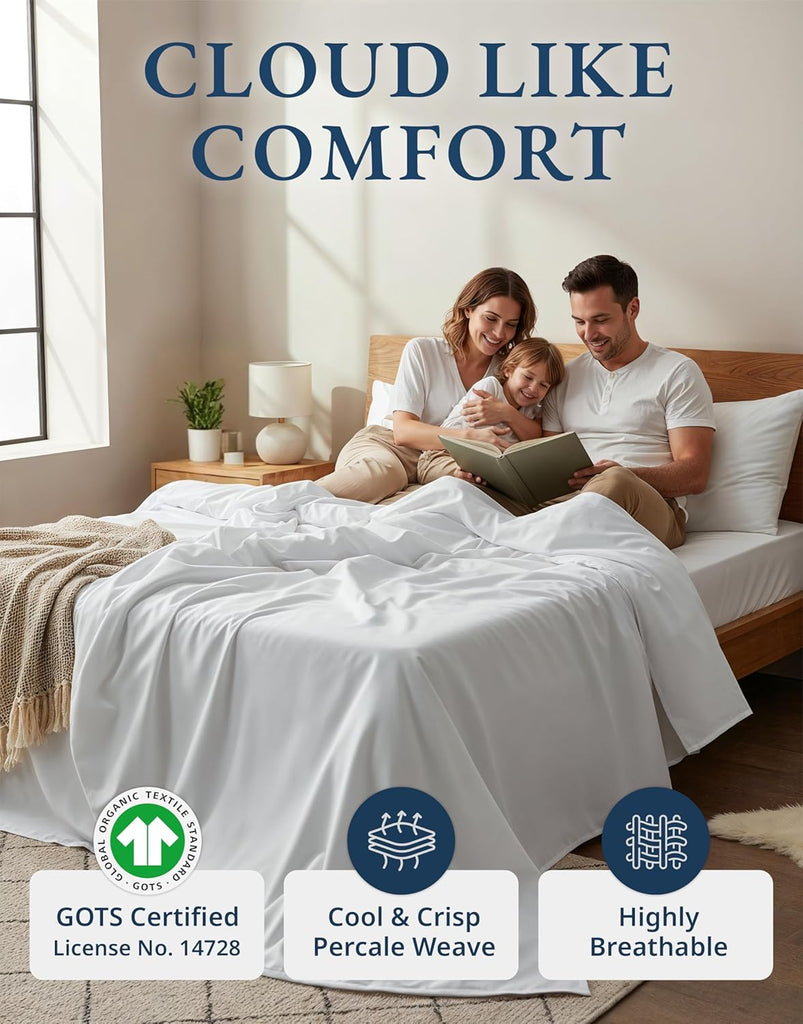 Queen Sheets 100% Organic Cotton 4pc Percale Cooling - White | Queen Sheet Set, GOTS Certified Organic Cotton Percale