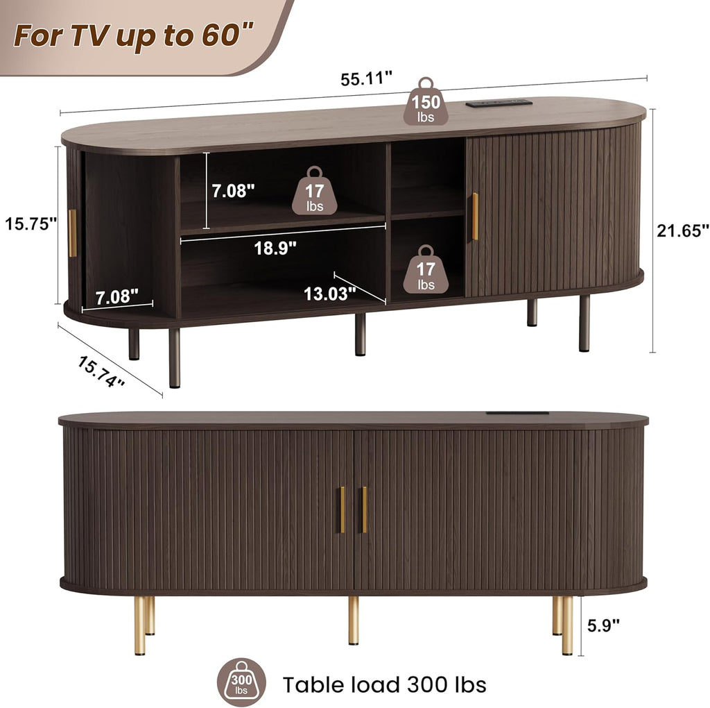 55 Inch Mid Century Modern TV Stand with Power Outlet for TVs up to 60 Inch, Entertainment Center with Storage and