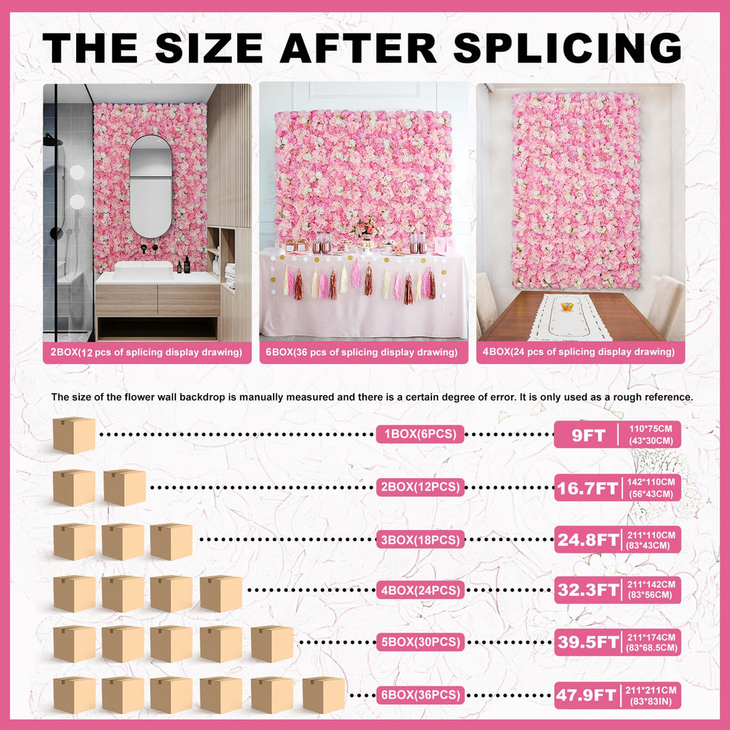 Flower Wall Backdrop 6pcs 16.5"x16.5"Artificial Floral Panels-Pink
