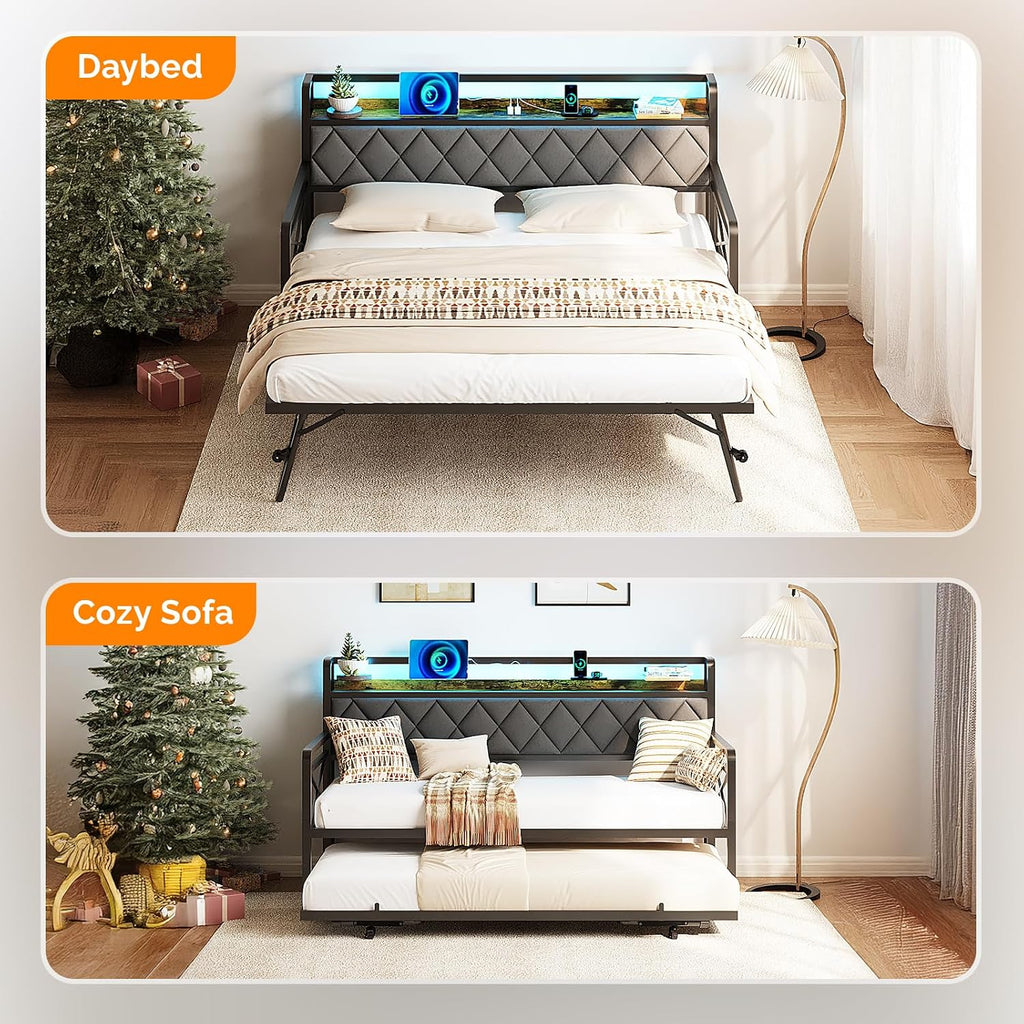 Full Daybed with Trundle Bed, Upholstered Day Bed with LED Light & Charing Station, Sofa Bed Frame with Storage