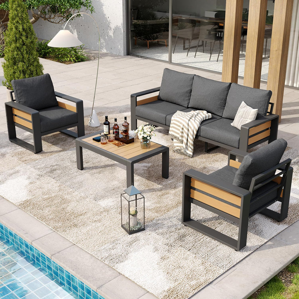 Aluminum Patio Furniture Set, 5 Seats Luxury Outdoor Sectional with 6" Olefin Fabric Cushions, Conversation Set with
