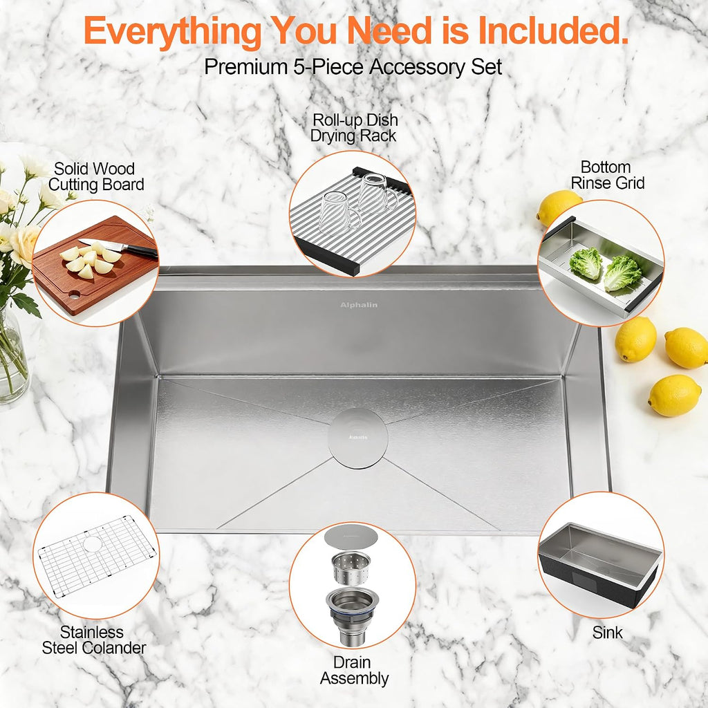 32 Inch Undermount Single Bowl Kitchen Sink,16 Gauge 304 Stainless | Steel Deep 10 Inch Basin, R10 Easy-Clean