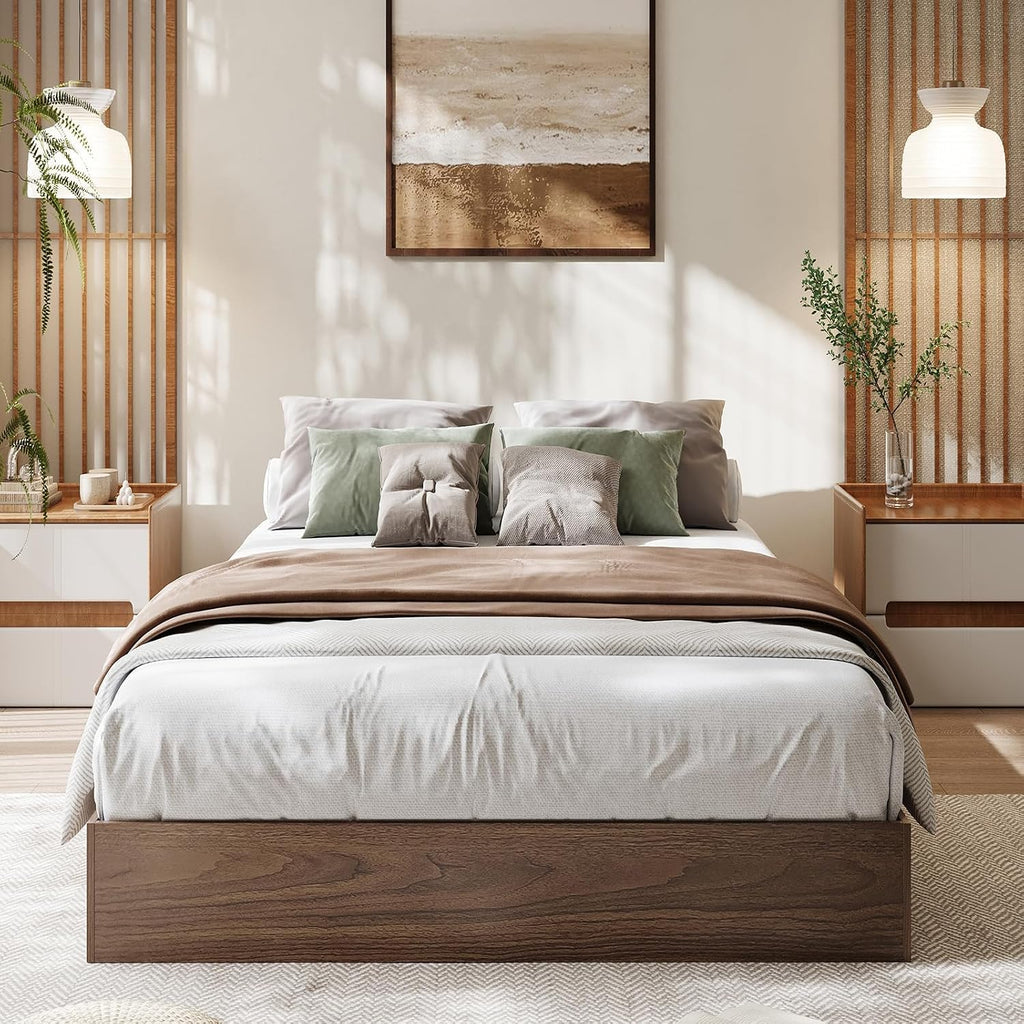 Modern Minimalist Solid Wood Floor Platform Bed Frame with Sturdy Wooden Slats, Noise-Free Support, No Box Spring