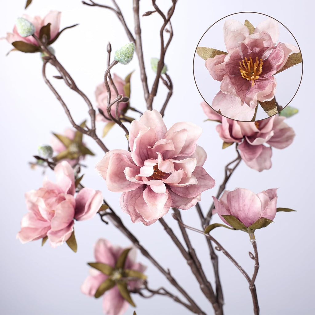 3PCS Artificial Magnolia Flowers Stems for Spring Decoration, Faux Pink Magnolia Branches with Buds, 34.5" Long Stems