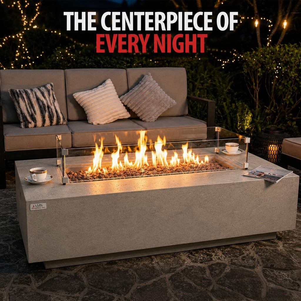 AMS 60" Rectangular Concrete GFRC Propane Gas Fire Pit Table (Light Gray) | (Madison) Limestone Texture Fire Pit
