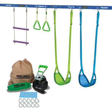 Swingset Gymnastics Kit 36 ft - Slackline Swing Set for Backyard, Monkey Bars & Gymnastics Line - 2 Swings, Double