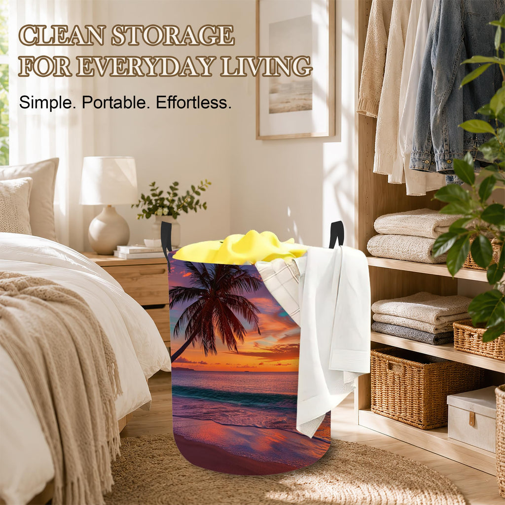 Hamper, Tropical Beach Collapsible Sunset Palm Laundry Baskets Waterproof Oxford Cloth With Handles, Clothes Storage