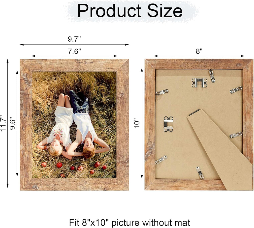 8x10 Picture Frame Set of 6, Brown Rustic Frame with High Definition Real Glass, 8 x 10 Wood Photo Frames for
