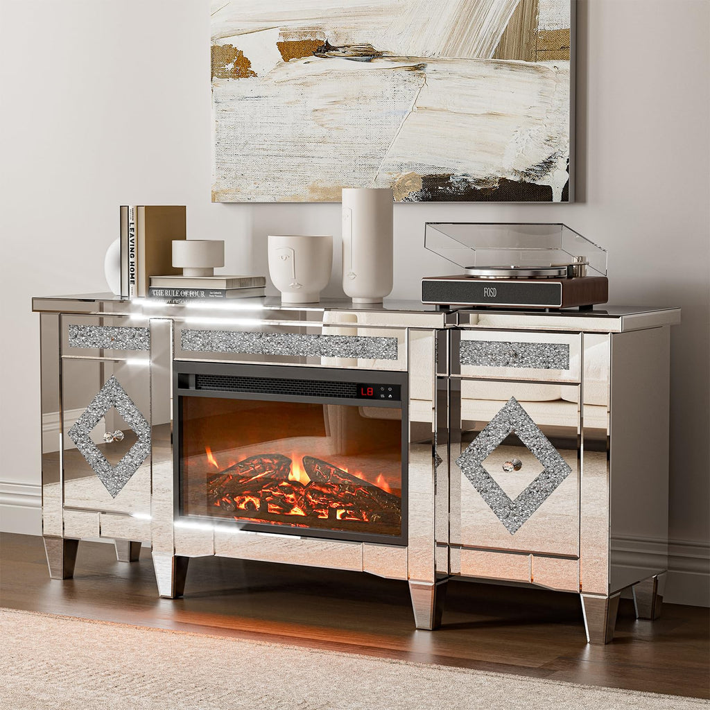 Mirrored TV Stand with Fireplace, 2 Drawers & Cabinets for 65"+ TVs