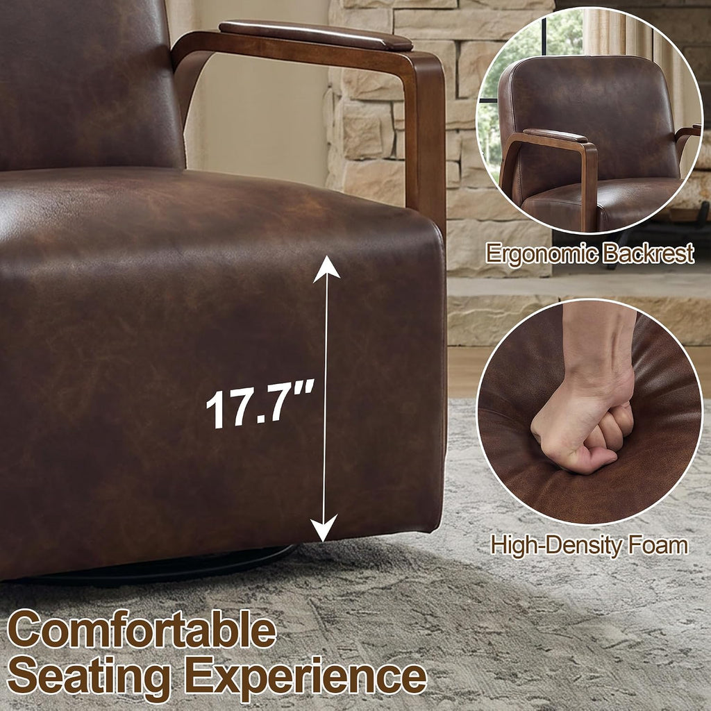 Faux Leather 360° Swivel Barrel Accent Chair, Upholstered Mid Century Modern Reading Lounge Chair with Wooden