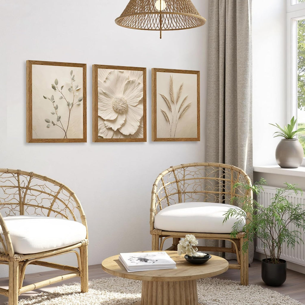3 Piece Framed Neutral Beige Floral Canvas Wall Art, Modern Simple Texture Blossom Wall Decor, Vintage Botanical