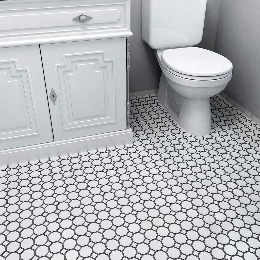 12x12 Matte White Octagon Porcelain Mosaic Tile with Matte White Dots Floor, Kitchen Backsplash, Shower Wall