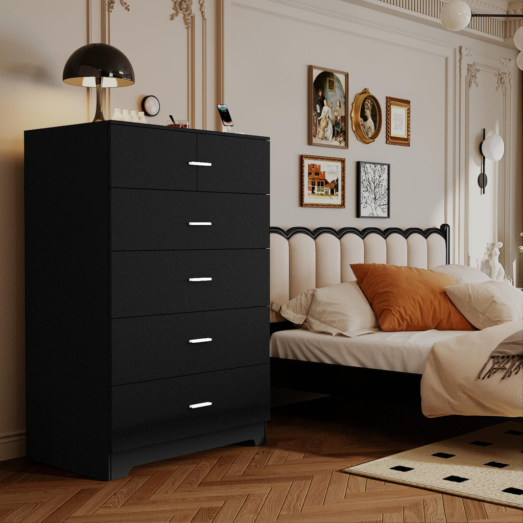 Dresser with Power Outlets Wood 5 Drawer Dresser with Large Storage Space Black Chest of Drawers with Smooth Metal