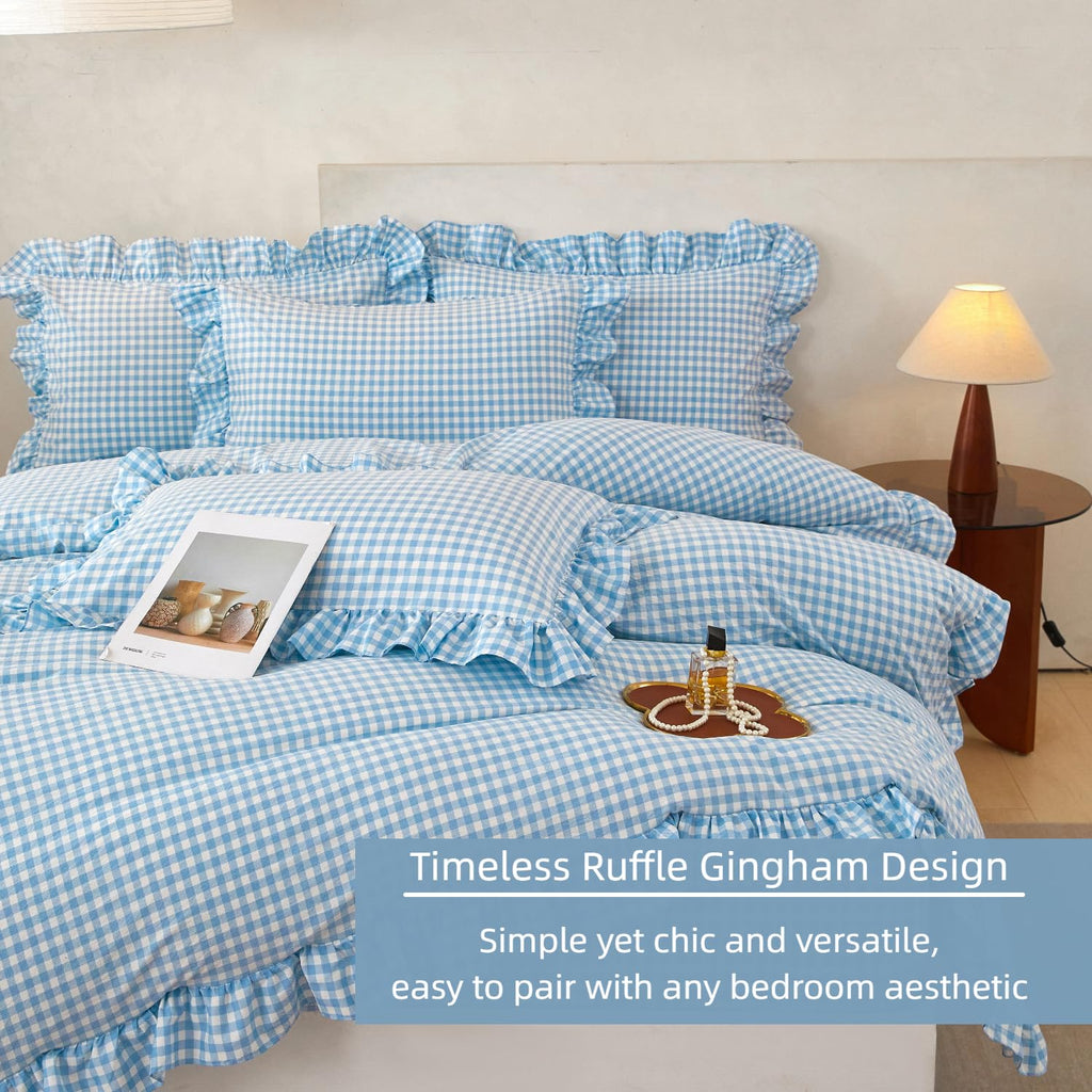 Gingham Ruffle Comforter Sets 5 Pieces Farmhouse Vintage Grid Comforter Bedding Soft Breathable Checkered