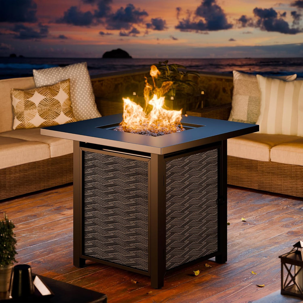 Propane Fire Table, 28 in Outdoor Fire Pit Table with Lava Rocks, 50,000 BTU Square Fire Table with Lid and Rain Cover
