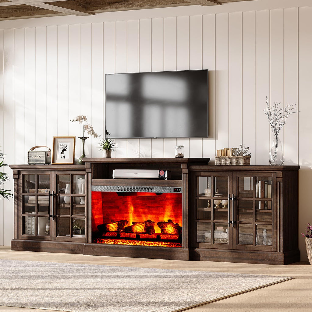 97" Farmhouse TV Stand with 33" Fireplace, Rustic Brown