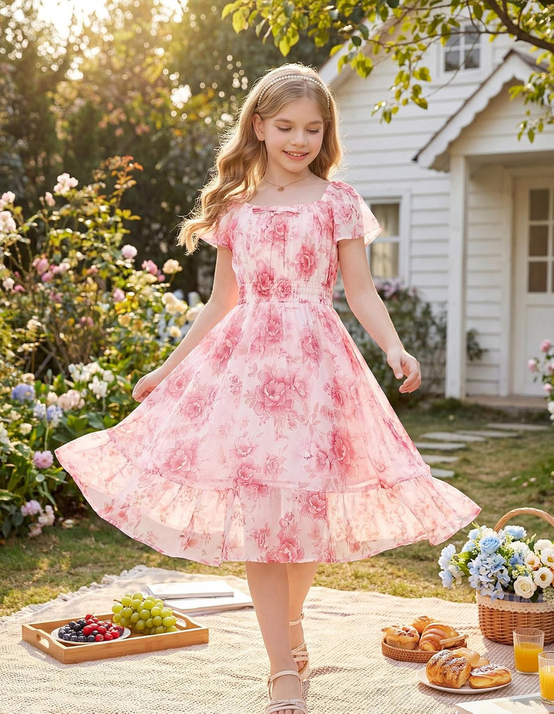 Girls Floral Summer Dress Flutter Sleeve Square Neck Midi Casual Dress for Girl