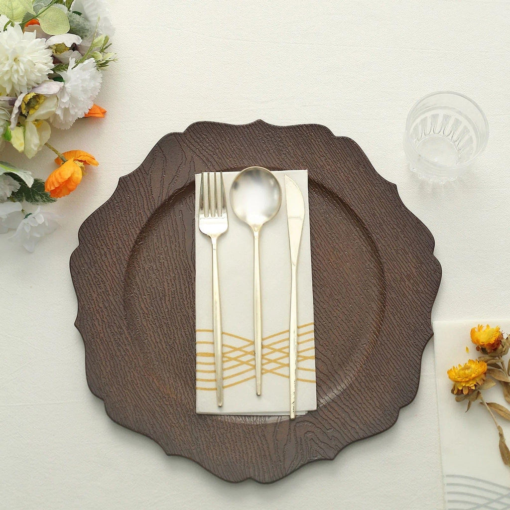 Rustic Brown 13 in Wooden Round Acrylic Charger Plates | 13-Inch Scalloped Trim Serving Dinnerware Set for Dinner