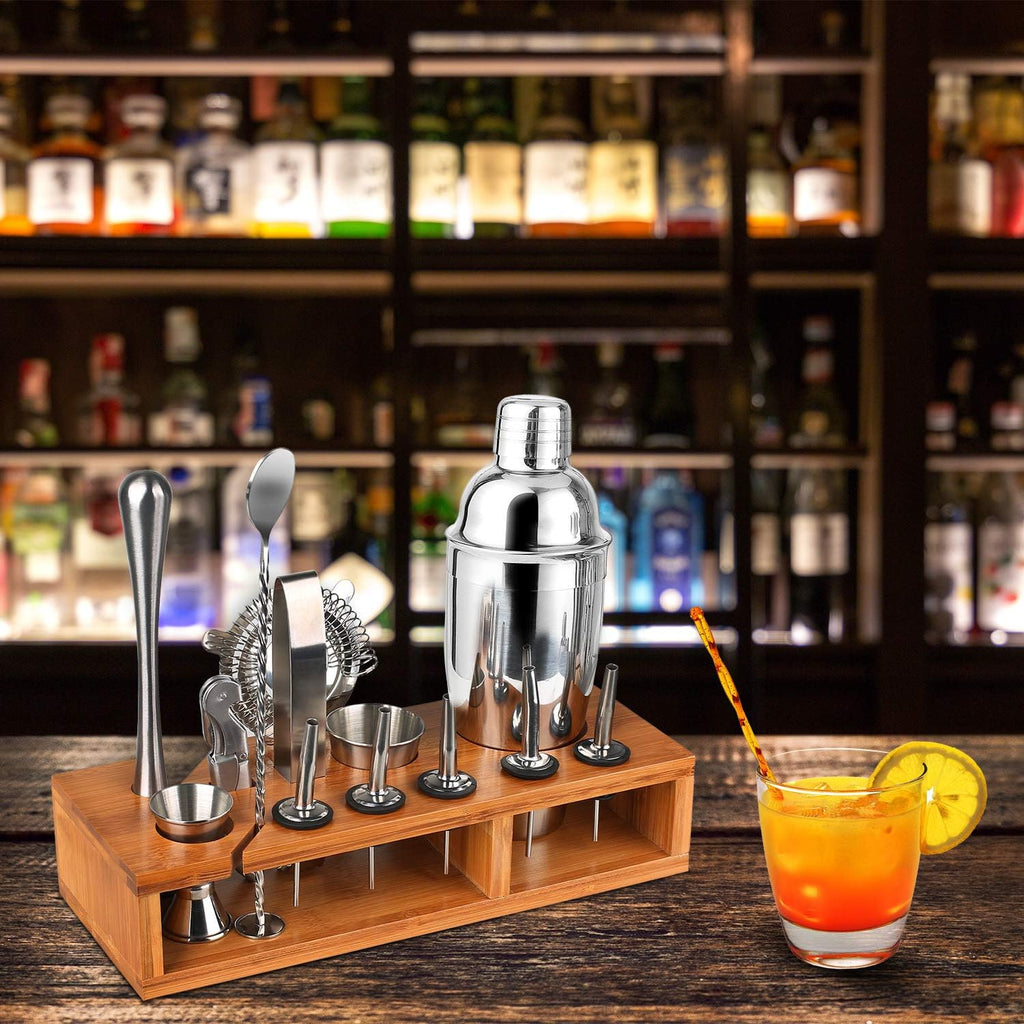 Bartender Kit, 13-Piece Home Bar Cocktail Shaker Bar Set with Stylish Bamboo Stand, Stainless Steel Bar Tool Set - Set of 13