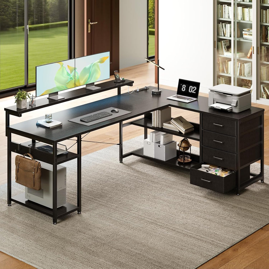 61 Inch L Shaped Computer Desk with 4 Drawers, LED Lights, Black | Power Outlets, Adjustable Monitor Stand, Open