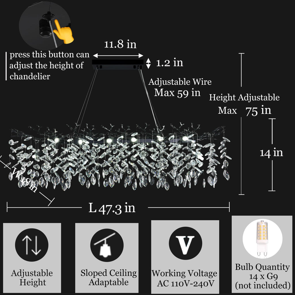 Modern Rectangle Crystal Tree Branch Chandelier, L47.3'' Luxury Black Linear Art Deco Raindrop Pendant Lighting