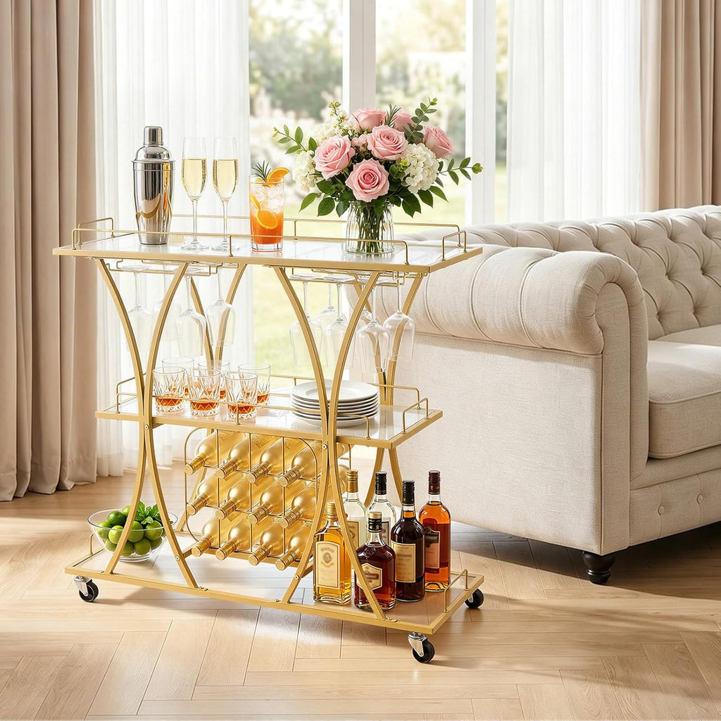 Bar Cart, 3 Tiers Home Kitchen Serving Carts, Modern Rolling Utility Station on Wheels, Drink Beverage Trolley with