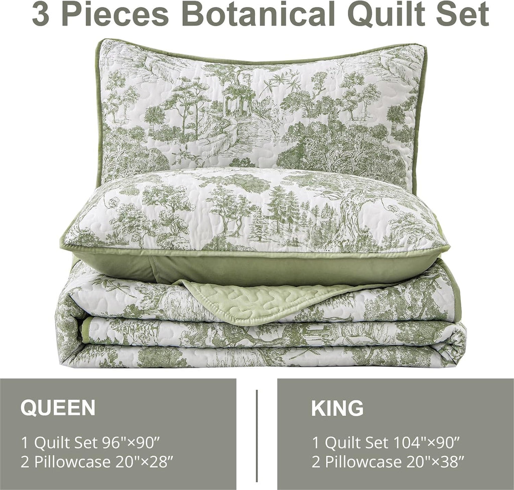 Botanical Quilt Set Queen, Sage Green 3 Pieces Floral Plants Printed Bedspread Bedding Set Soft Lightweight