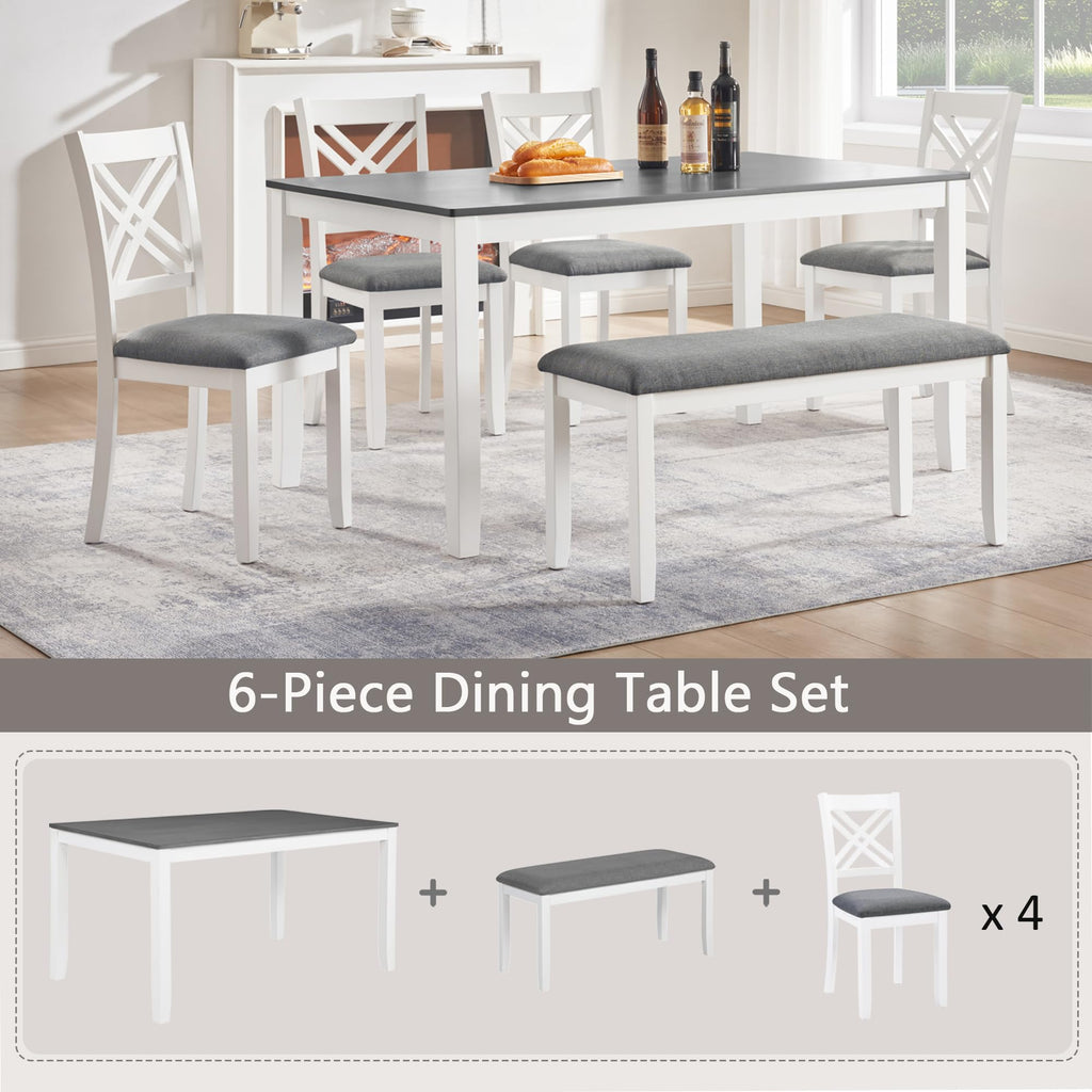 6 Piece Kitchen Dining Set, 58.5" Rectangular Rubber Wood Table with 4 Upholstered Chairs and Bench, Grey & White